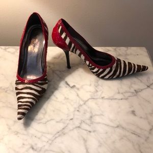 Sergio Zelcer Zebra and Red Patent Pumps
